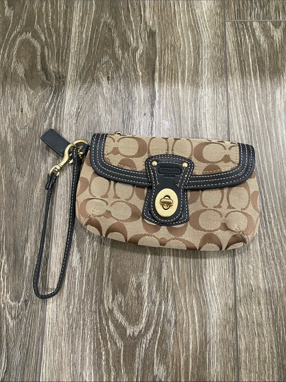 COACH Signature Canvas Tan Wristlet with Leather Trim